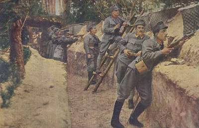 Men of an Austro-Hungarian Infantry regiment man a trench in the early stages of the war in Galicia.